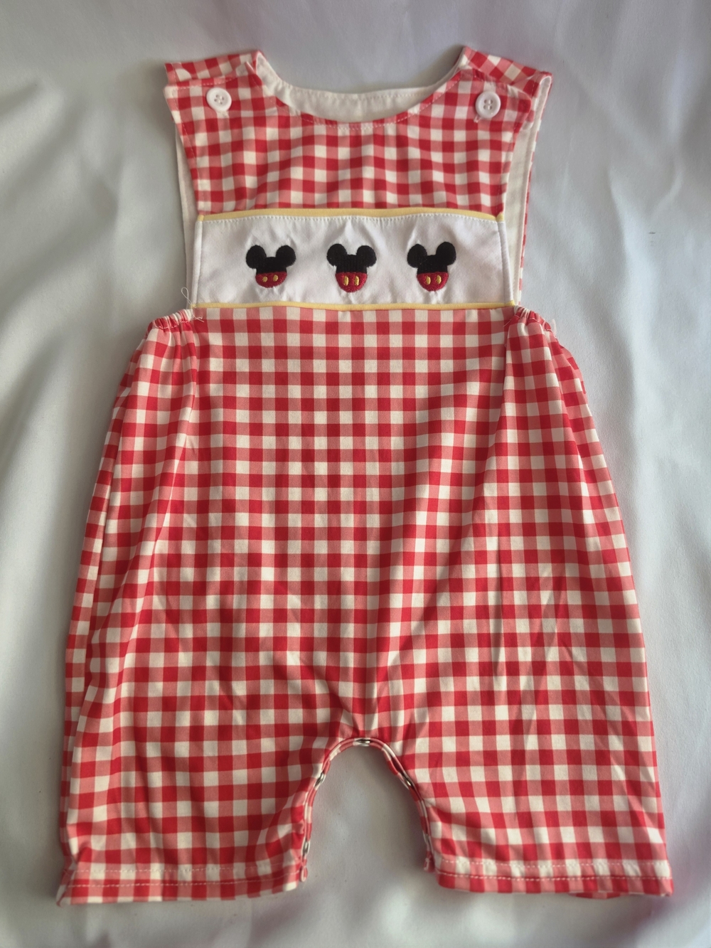 Red Gingham Baby One-Piece Romper with Mouse Embroidery
